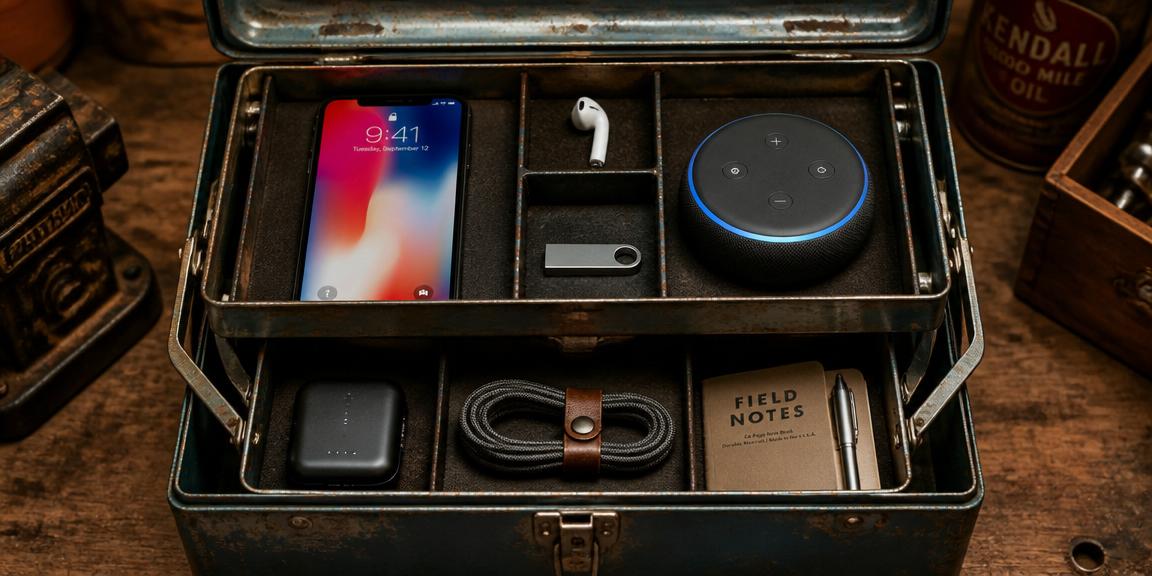 Vintage tackle box organized with modern tech gadgets, symbolizing practical digital tools